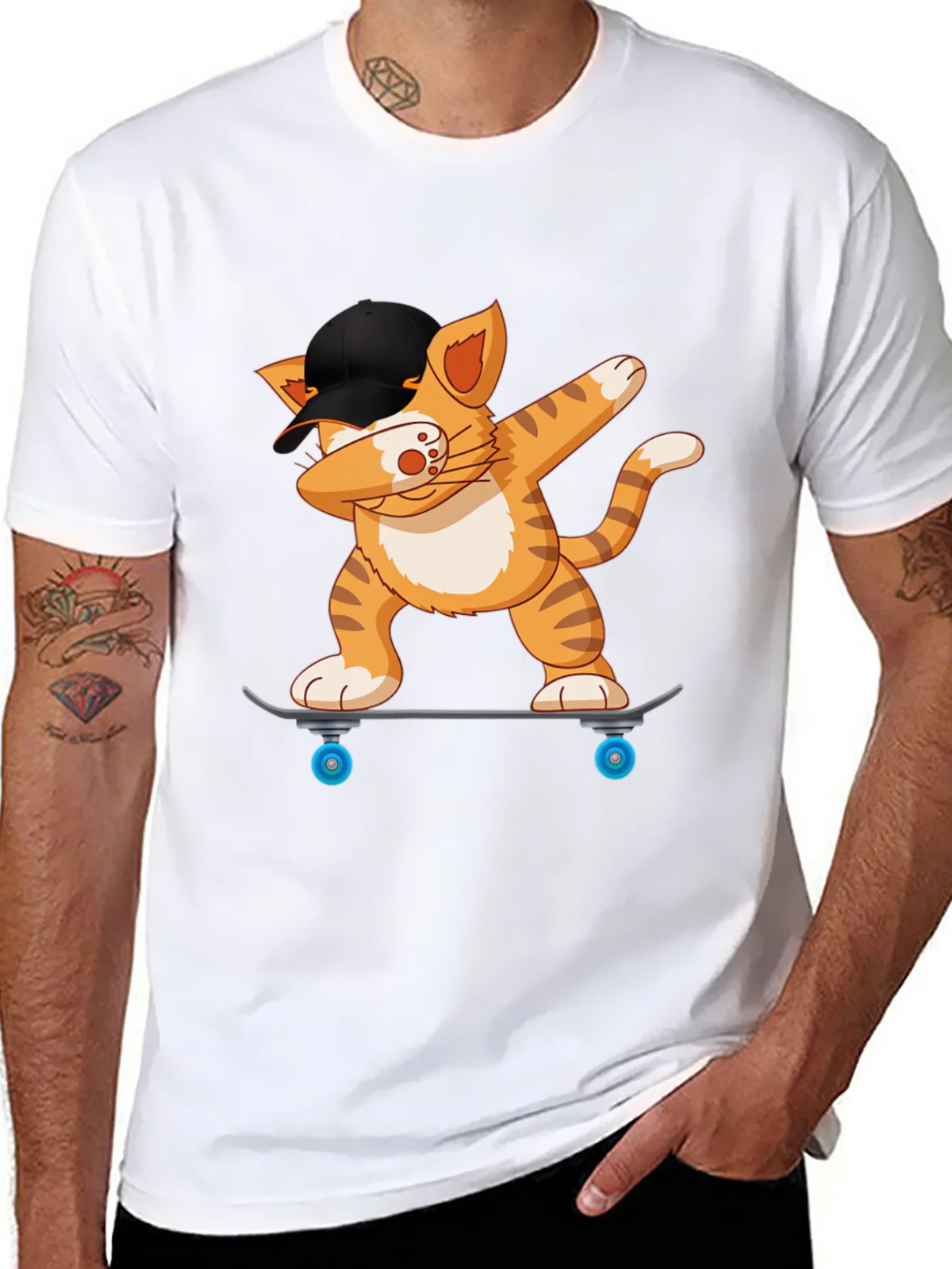 Cool Cat Dabbing on Skateboard Black T-Shirt product image 7