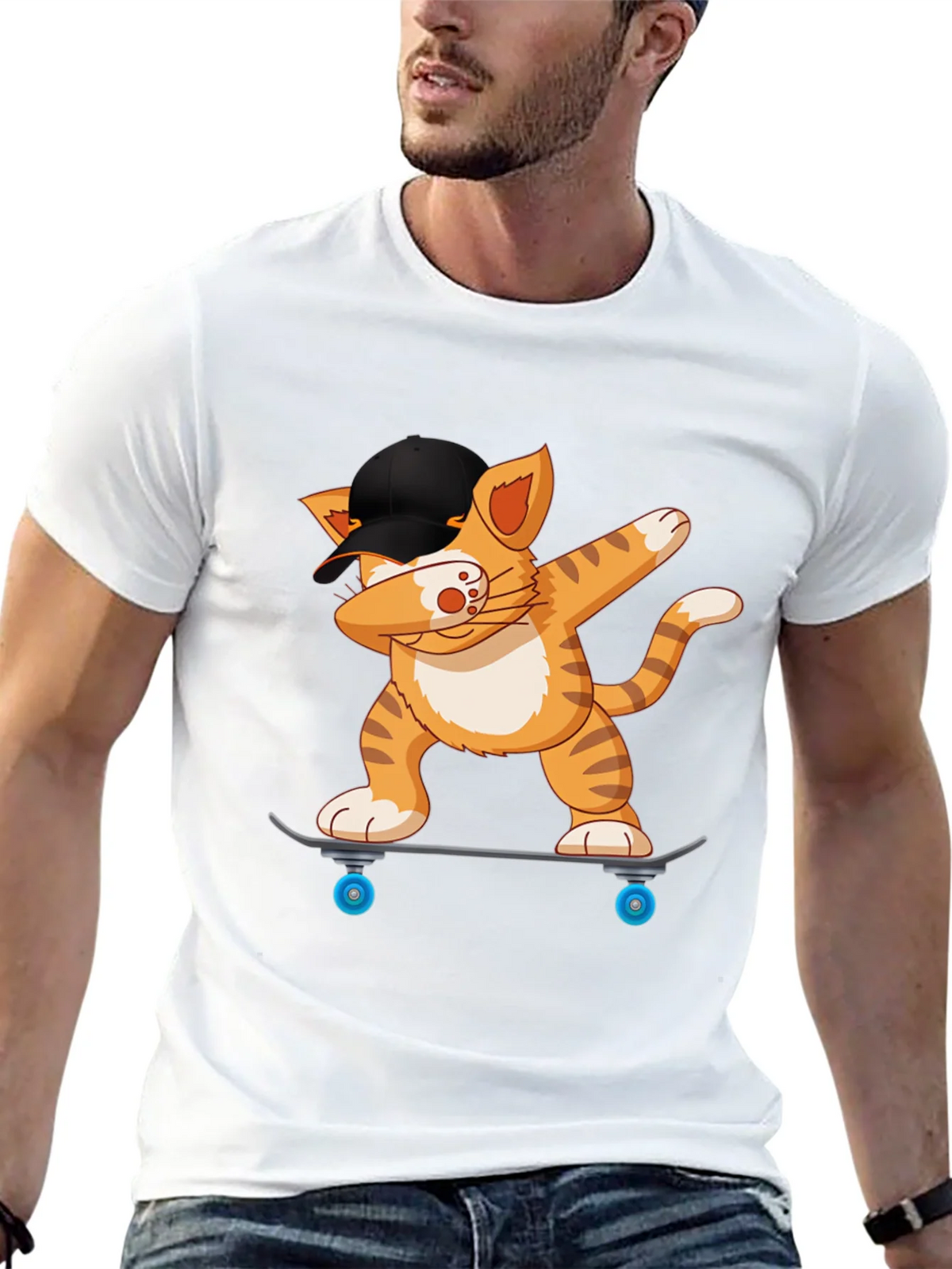 Cool Cat Dabbing on Skateboard Black T-Shirt product image 12