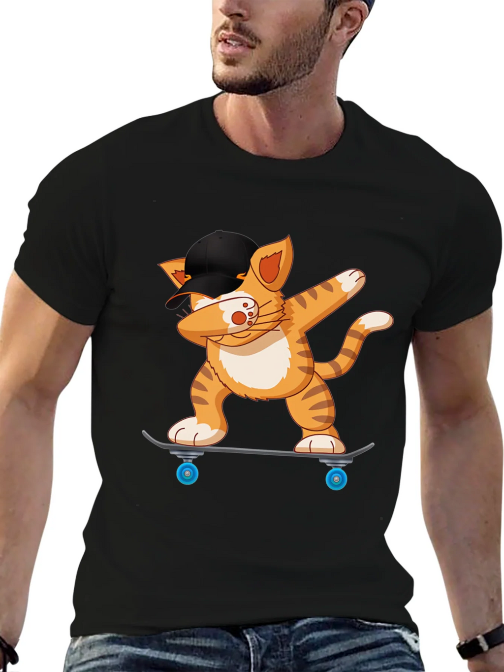 Cool Cat Dabbing on Skateboard Black T-Shirt product image 6