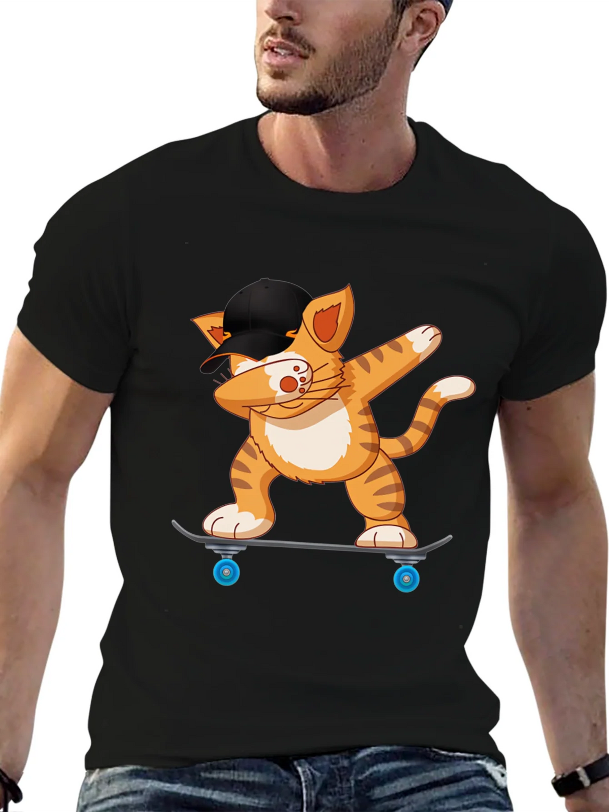 Cool Cat Dabbing on Skateboard Black T-Shirt product image 6