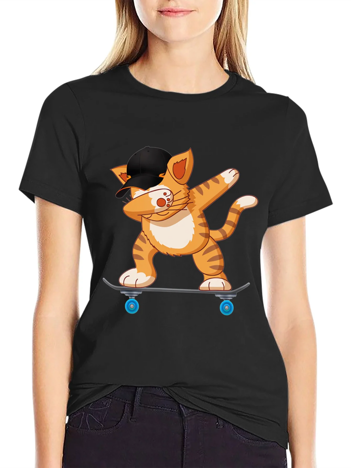 Cool Cat Dabbing on Skateboard Black T-Shirt product image 2