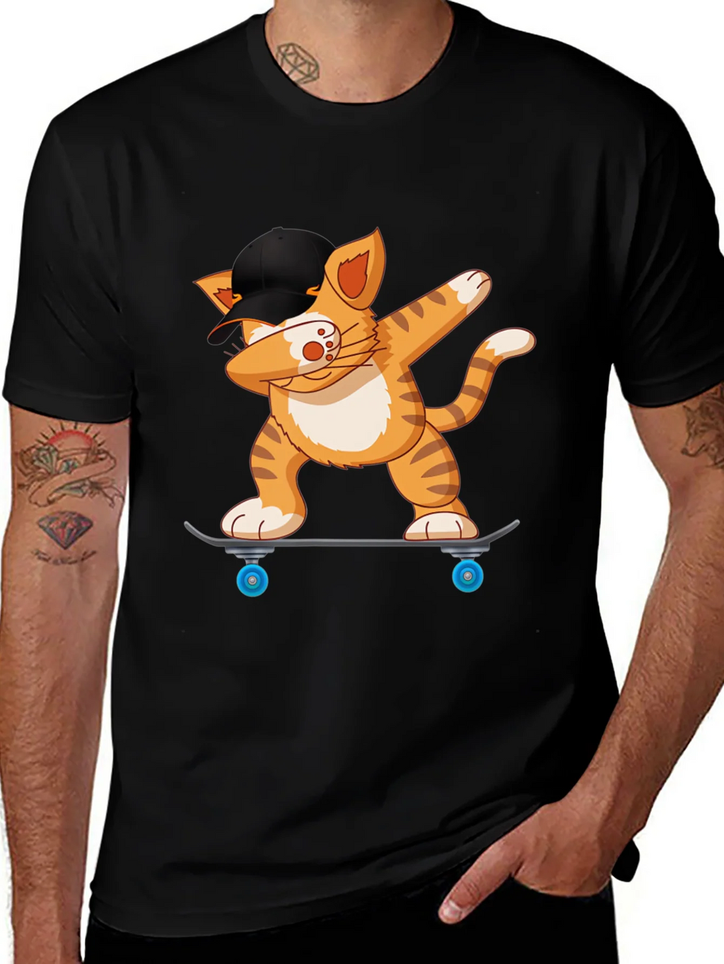 Cool Cat Dabbing on Skateboard Black T-Shirt product image 1