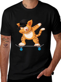 Cool Cat Dabbing on Skateboard Black T-Shirt product image 1