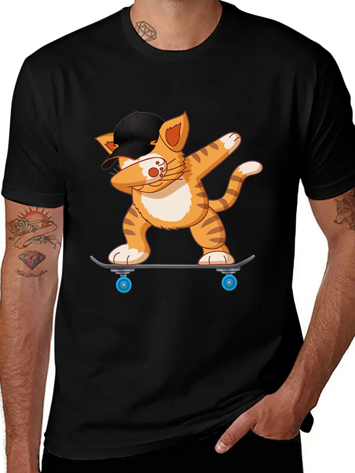Cool Cat Dabbing on Skateboard Black T-Shirt product image 1