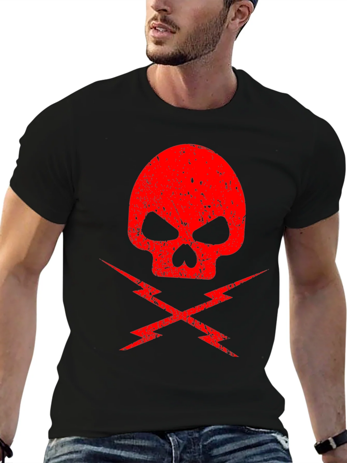 Red Skull & Lightning Bolt Graphic Black T-Shirt product image 4