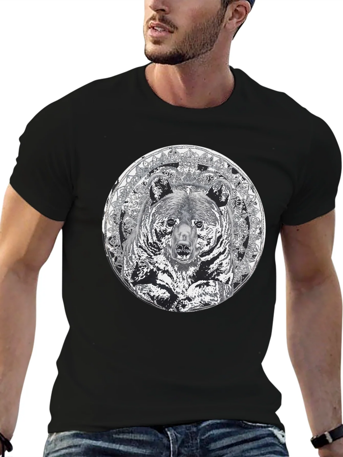 Bear Mandala Graphic Tee - Black Cotton Blend Shirt product image 3